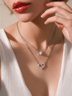 Double Chain Layered .925 Sterling  Rhodium Plated Heart & Round CZ Necklace